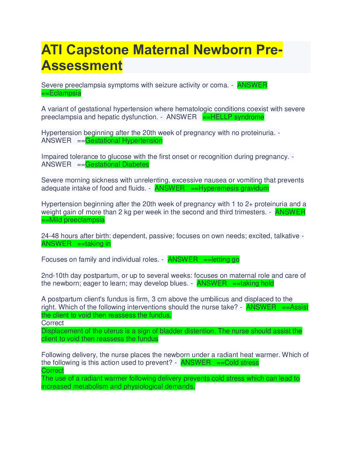 Preview image for ATI Capstone Maternal Newborn Pre-Assessment